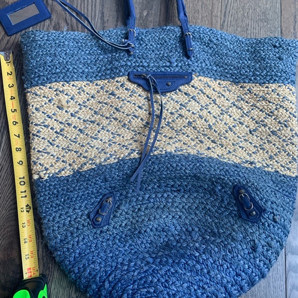 Balenciaga Blue Raffia & Leather Panier Basket Tote - Picture 6 of 13